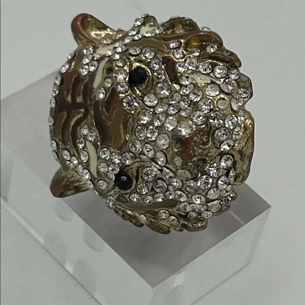 Tiger Cocktail Ring statement rhinestone brass enamel - size 7